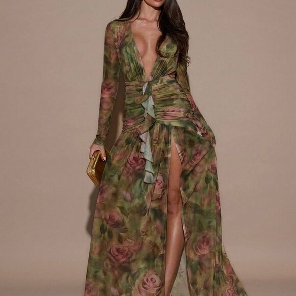Dresses & Skirts - Green Elegant Women's Sexy Floral Print Deep V-Neck Dress
